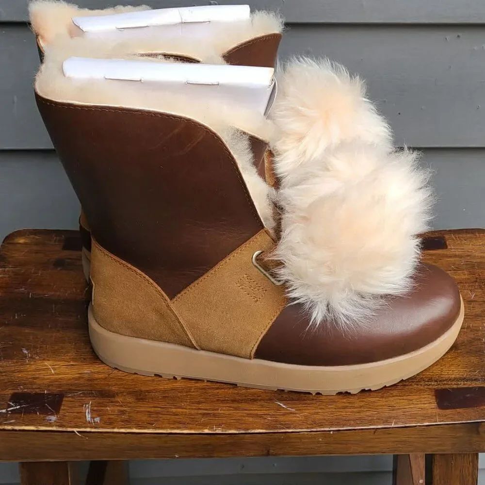 UGG Isley Brown Leather Chestnut Suede Waterproof Boots with Pom Pom size 9 1/2 - Picture 4 of 14